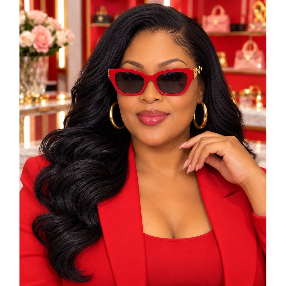 Sunglasses Women Red Fashion Cat Eye Sunglasses with luxury Chain handles.